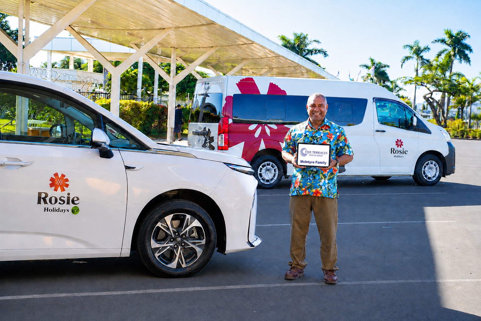 Rosie Holidays EV and van transfer with driver concierge at Nadi Airport